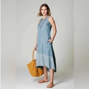 🔥J.Jill Chambray Denim Two Tone Sleeveless Hi-Low Dress Raw Hem Size M